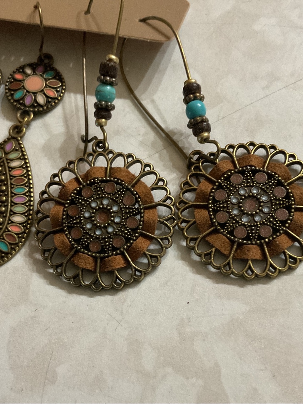 Hand Crafted Peach & Turquoise Boho Filigree Earrings Trio - Picture 2 of 4